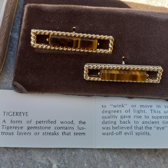 Swank Grand Prix TIGERS EYE Cufflinks Rectangular Gold Bars Original Vel… - Picture 12 of 15